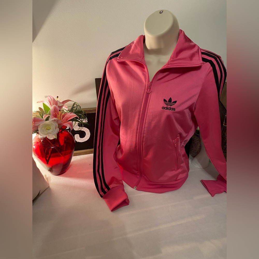 Adidas Women's Pink Bomber Jacket with Black Stripes Small